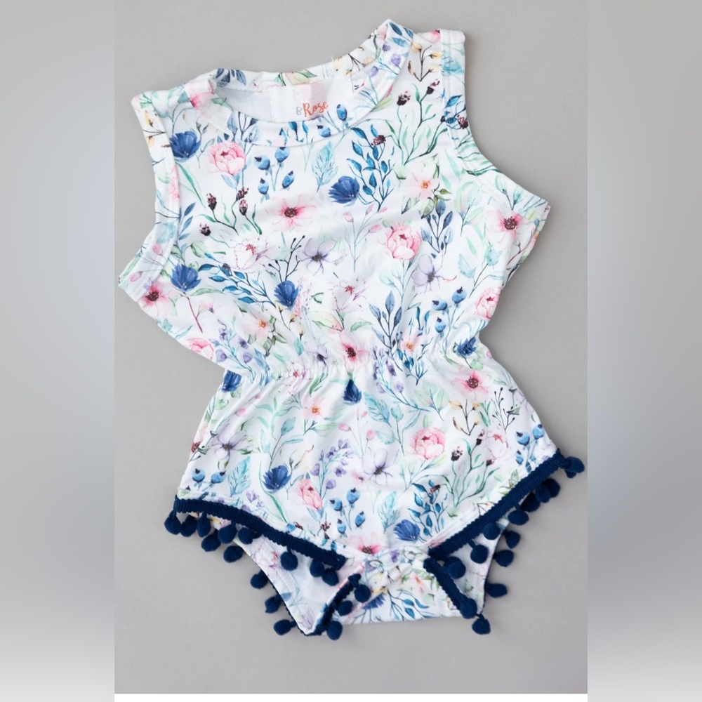 Mila & Rose Pom-Pom Floral Sleeveless Bodysuit with Navy Accents